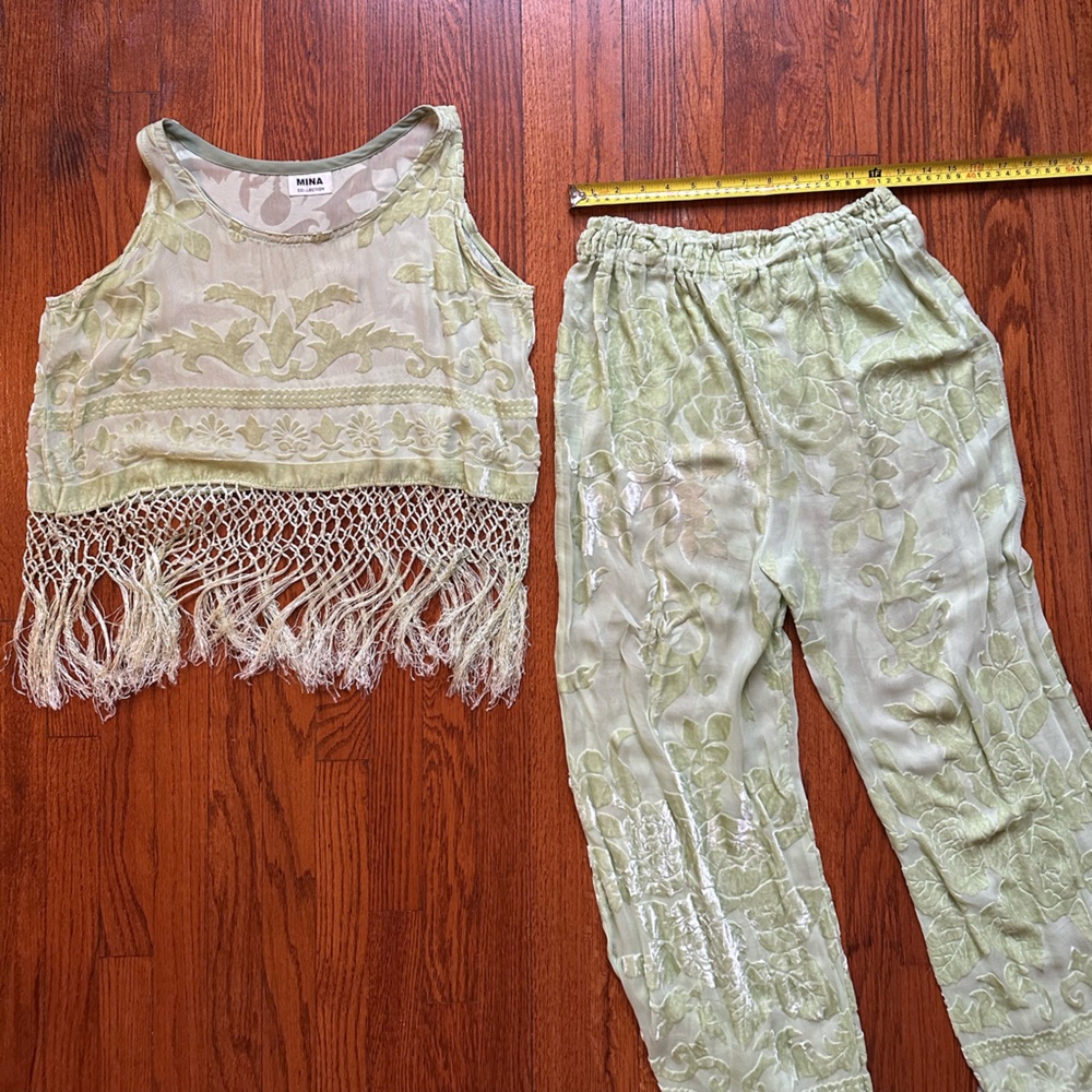 Seafoam Green Floral Fringe Top and Pants Set